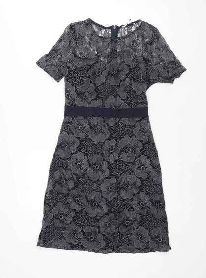 Fenn Wright Manson Womens Blue Polyester Shift Size 8 Round Neck Zip - Belt Detail