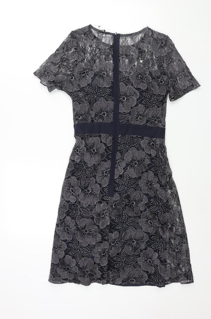 Fenn Wright Manson Womens Blue Polyester Shift Size 8 Round Neck Zip - Belt Detail