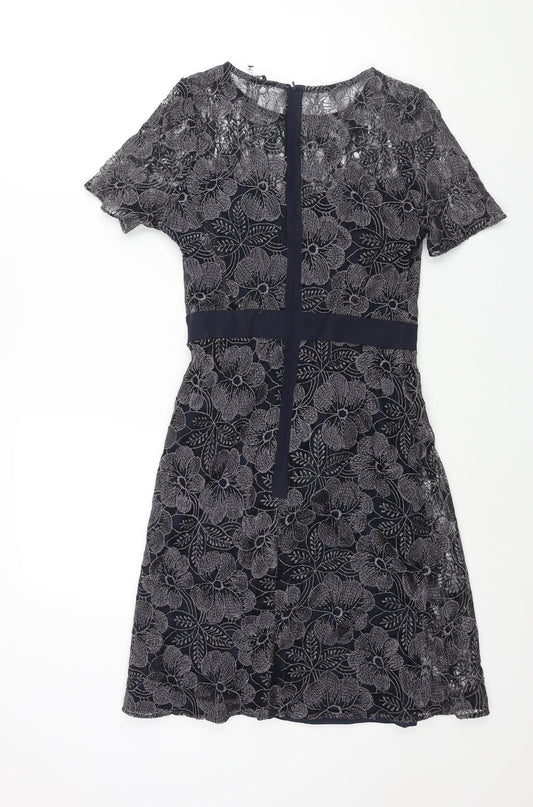 Fenn Wright Manson Womens Blue Polyester Shift Size 8 Round Neck Zip - Belt Detail