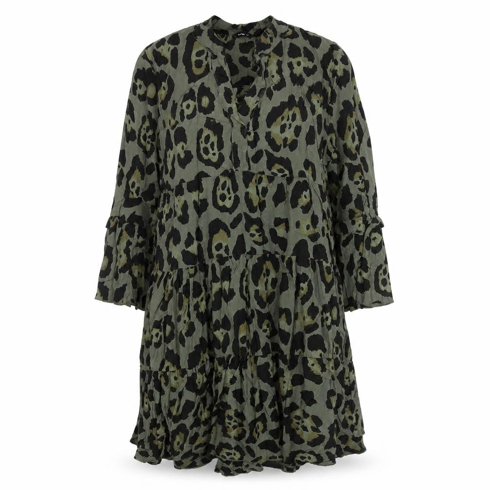 Roman Womens Green Animal Print Viscose Shift Size M V-Neck Pullover - Smocked Jaguar Print