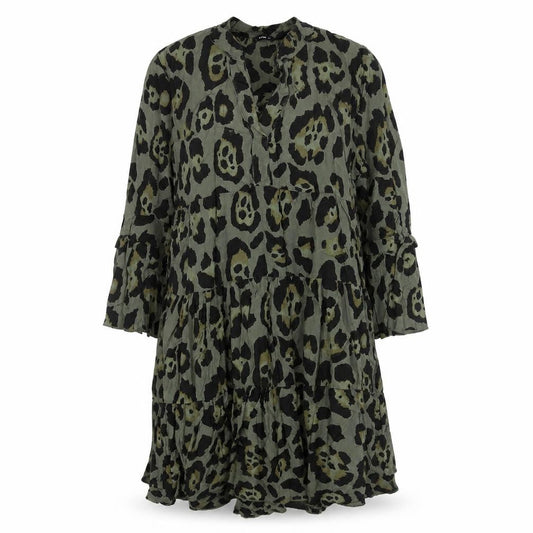 Front view of Roman women’s green animal print viscose shift, size M, v-neck pullover - smocked jaguar print