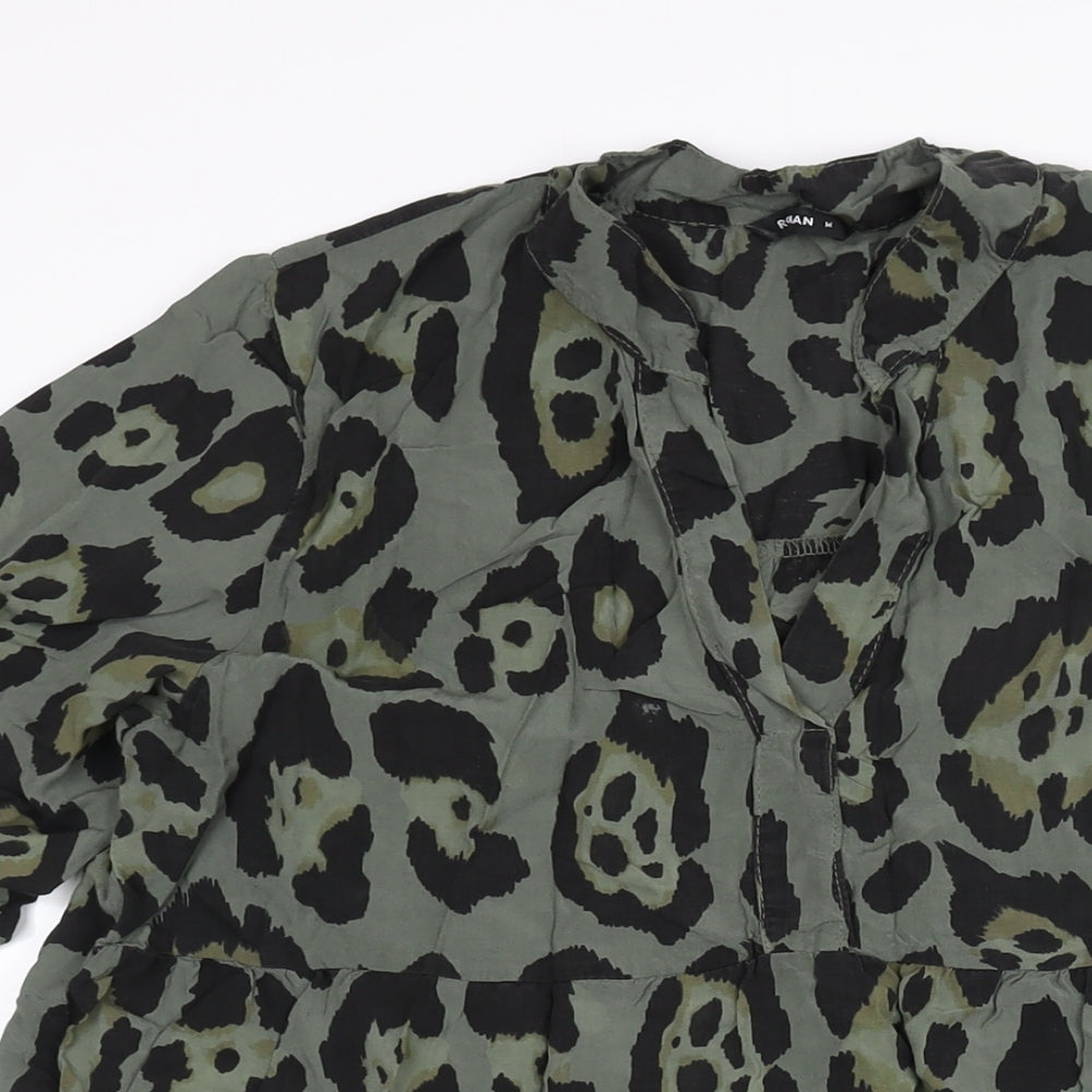 Roman Womens Green Animal Print Viscose Shift Size M V-Neck Pullover - Smocked Jaguar Print