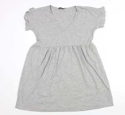 Boohoo Womens Grey Cotton A-Line Size 10 V-Neck Pullover - Frill