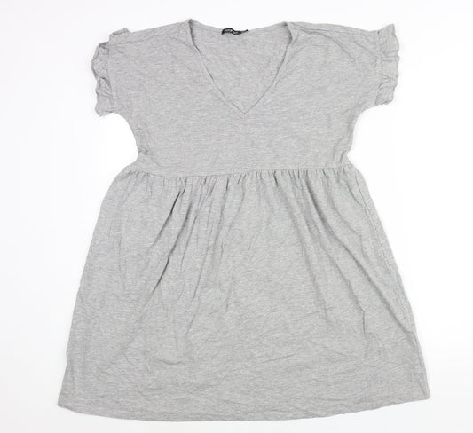 Boohoo Womens Grey Cotton A-Line Size 10 V-Neck Pullover - Frill