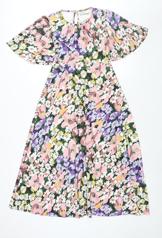 Oasis Womens Multicoloured Floral Polyester A-Line Size S Round Neck Button
