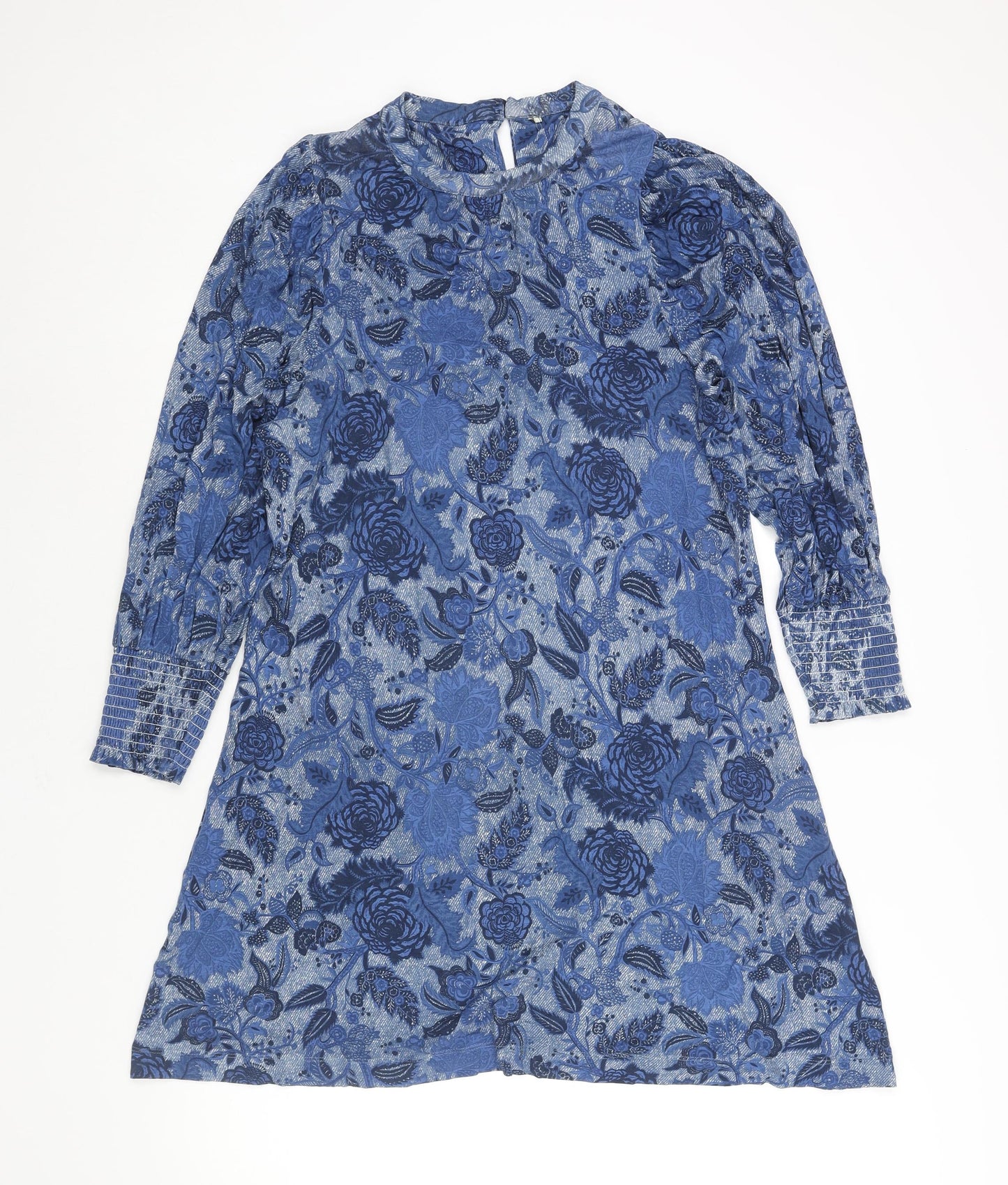 NEXT Womens Blue Floral Viscose Shift Size 12 Mock Neck Button