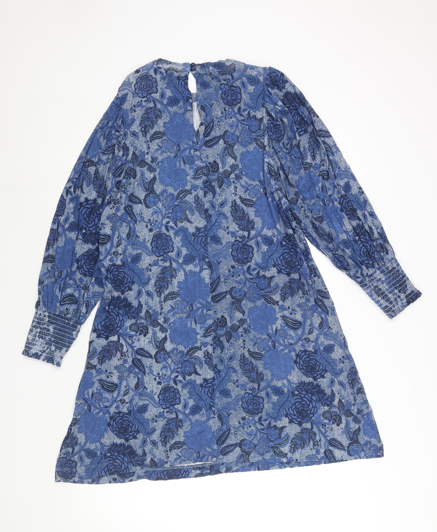 NEXT Womens Blue Floral Viscose Shift Size 12 Mock Neck Button