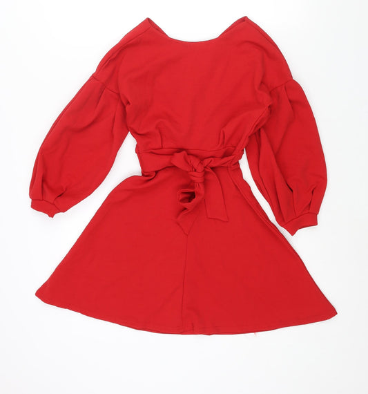 Boohoo Womens Red Polyester A-Line Size 4 V-Neck Pullover - Belted