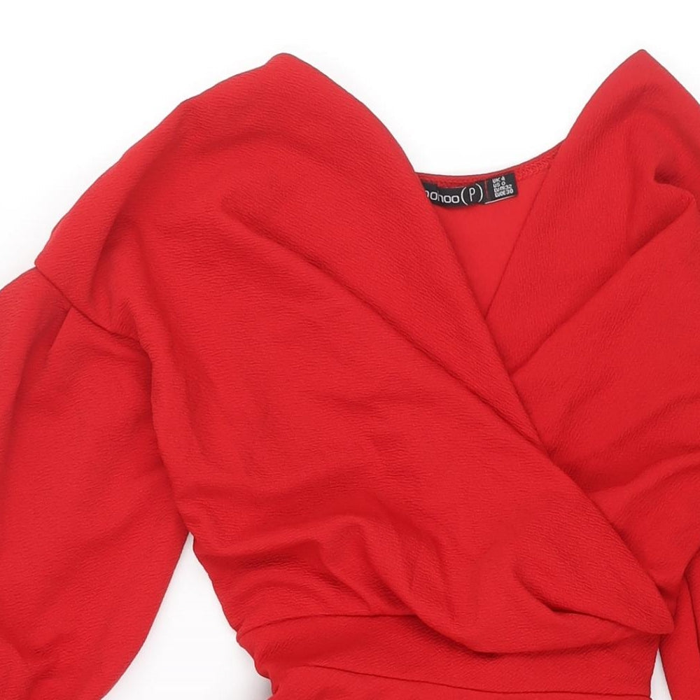 Boohoo Womens Red Polyester A-Line Size 4 V-Neck Pullover - Belted