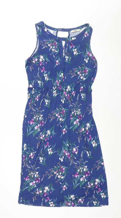 Oasis Womens Blue Floral Viscose Shift Size M Round Neck Button - V Neck Cut Out