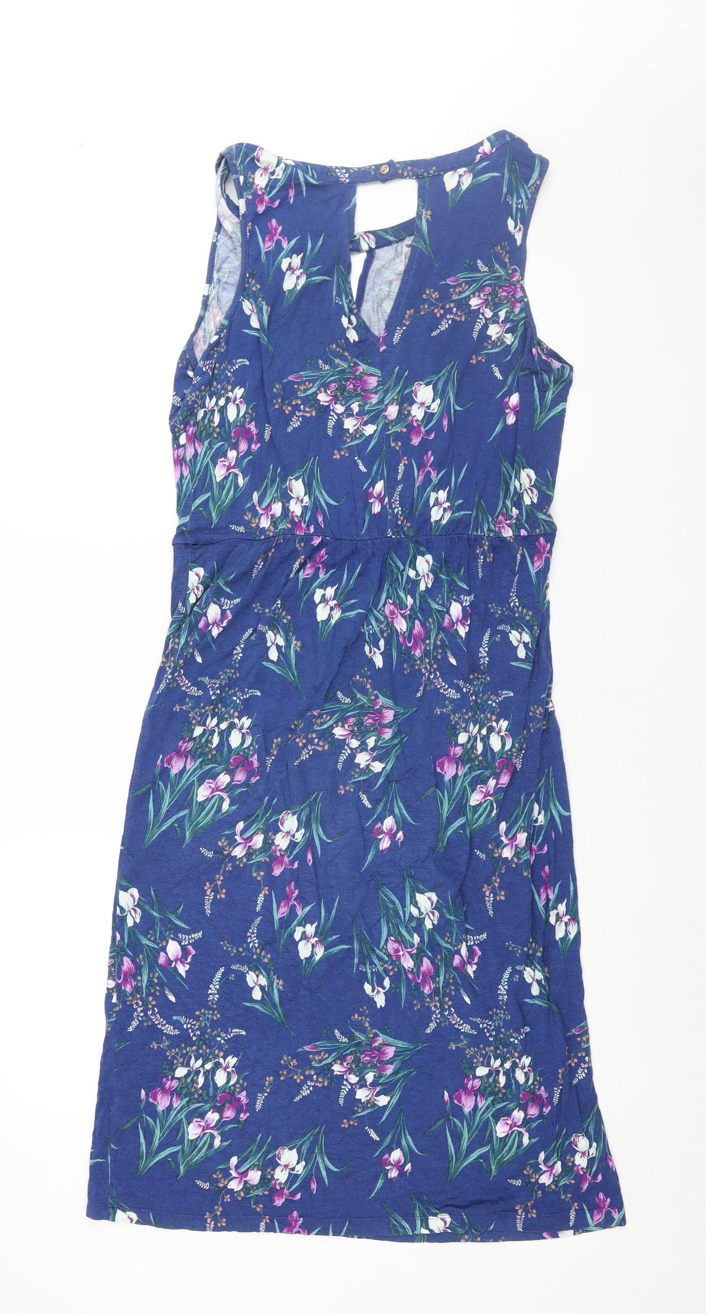 Oasis Womens Blue Floral Viscose Shift Size M Round Neck Button - V Neck Cut Out