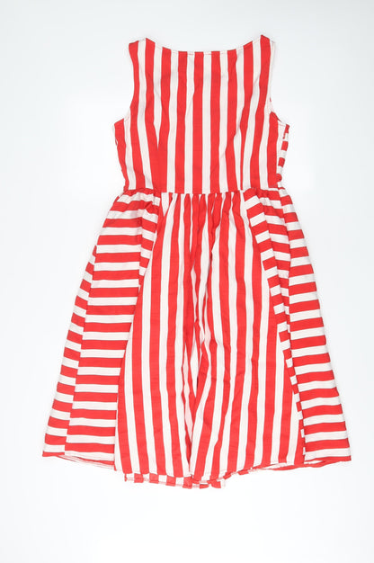 Marina Kaneva Womens Red Striped Polyester A-Line Size 12 Scoop Neck Pullover