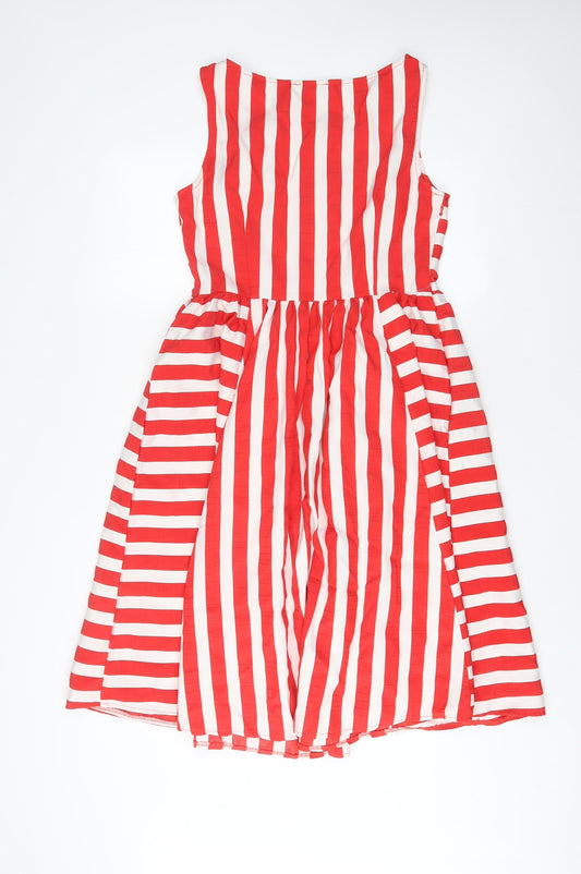 Marina Kaneva Womens Red Striped Polyester A-Line Size 12 Scoop Neck Pullover