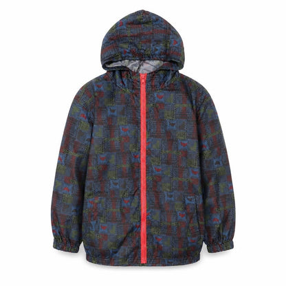 Front view of Avenue boys’ multicoloured geometric jacket, size 7-8, years zip