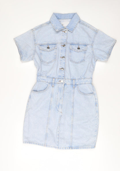 Denim & Co. Womens Blue Cotton A-Line Size S Collared Zip