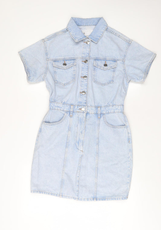 Denim & Co. Womens Blue Cotton A-Line Size S Collared Zip