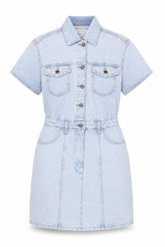 Front view of Denim & Co. women’s blue cotton a-line, size S, collared zip