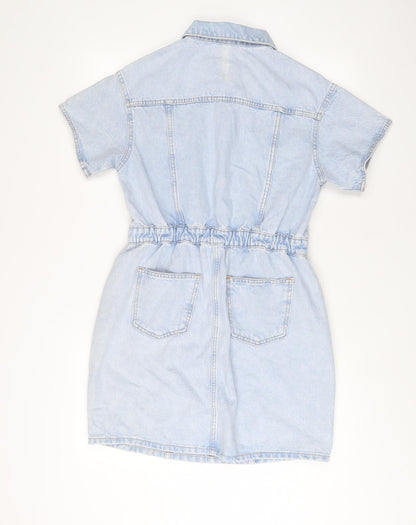 Denim & Co. Womens Blue Cotton A-Line Size S Collared Zip