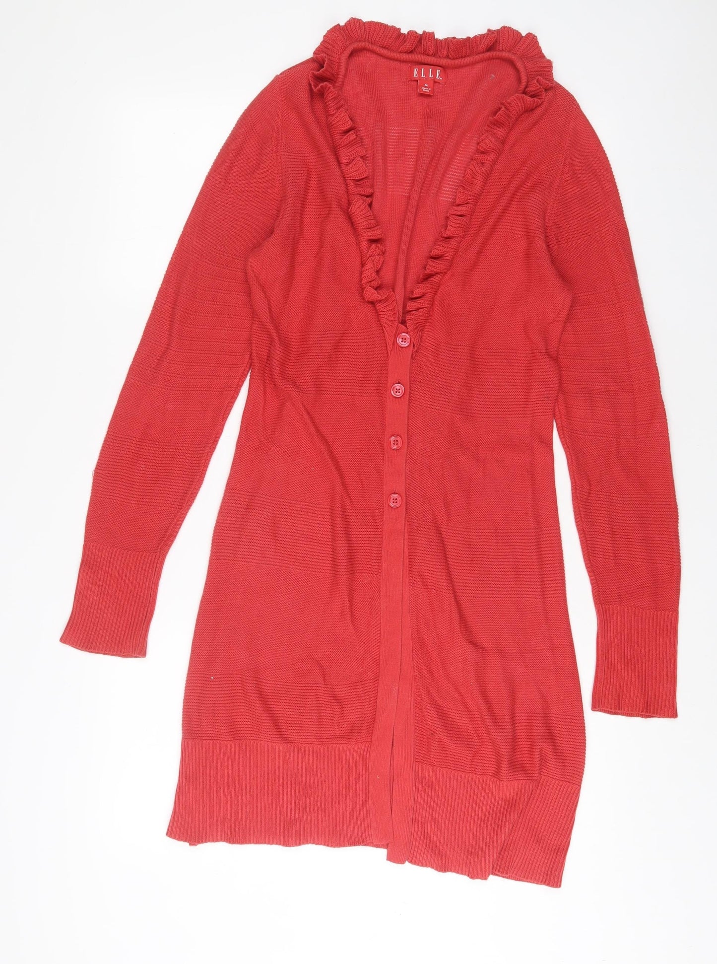 ELLE Womens Red V-Neck Cotton Cardigan Jumper Size M