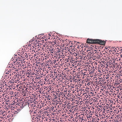 Marks and Spencer Womens Pink Animal Print Cotton Basic Blouse Size 12 Boat Neck