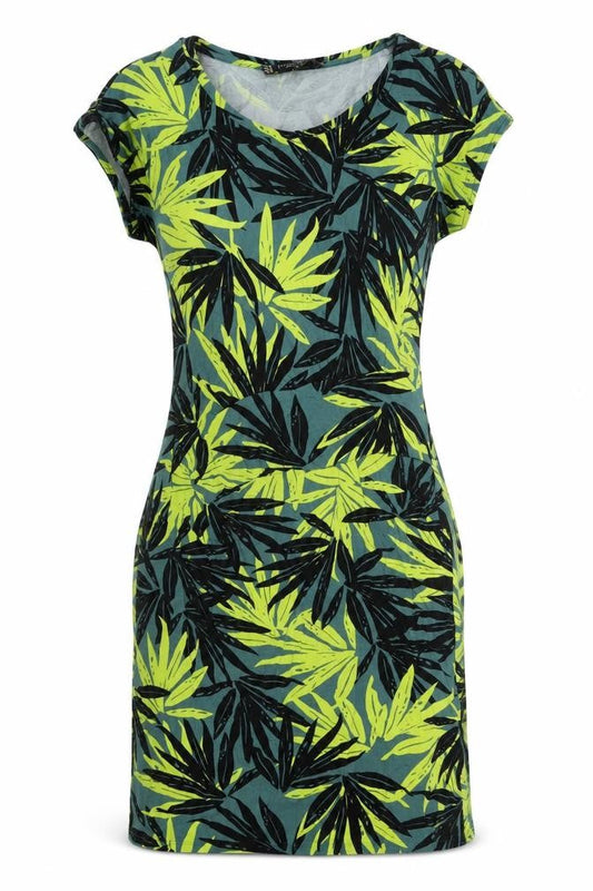 Front view of Principles women’s green viscose a-line, size UK 12, round neck - leaf print