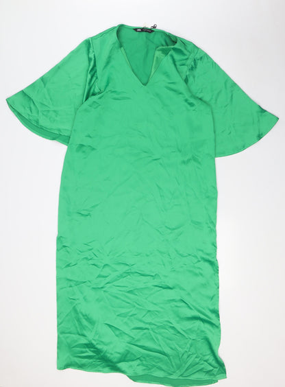 Zara Womens Green Polyester A-Line Size M V-Neck