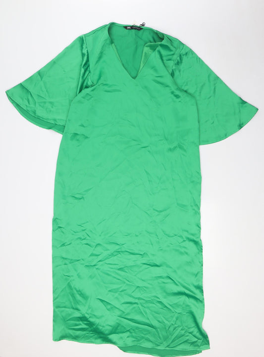 Zara Womens Green Polyester A-Line Size M V-Neck