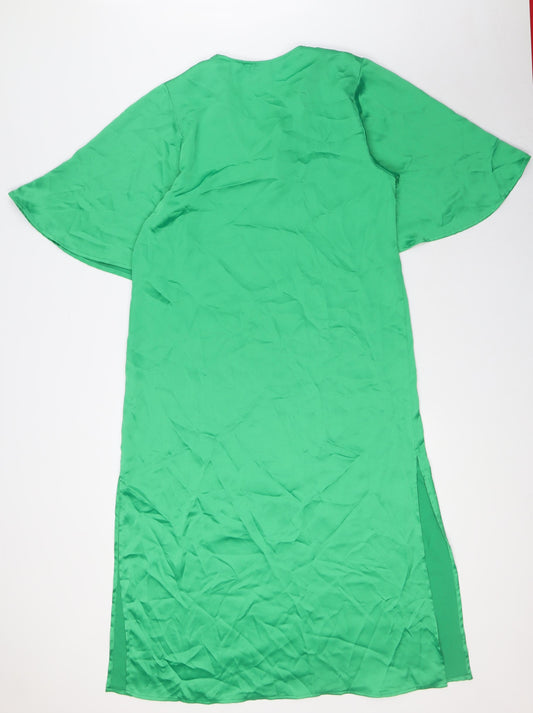 Zara Womens Green Polyester A-Line Size M V-Neck