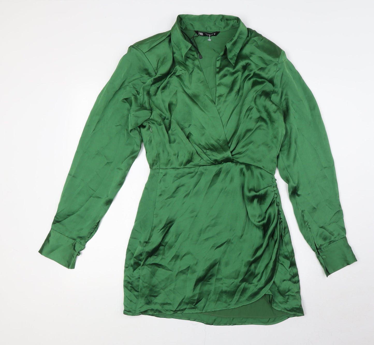 Zara Womens Green Polyester Wrap Dress Size S V-Neck Zip - Collared