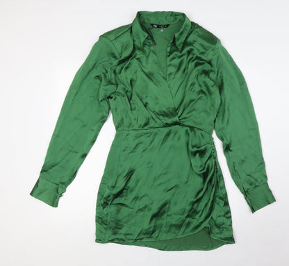 Zara Womens Green Polyester Wrap Dress Size S V-Neck Zip - Collared