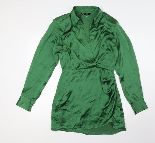 Zara Womens Green Polyester Wrap Dress Size S V-Neck Zip - Collared