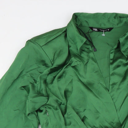 Zara Womens Green Polyester Wrap Dress Size S V-Neck Zip - Collared