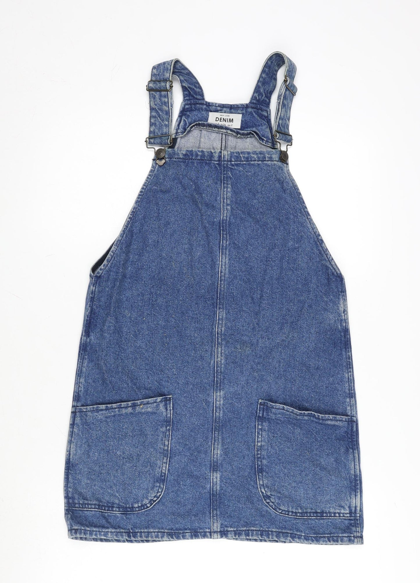 New Look Womens Blue Cotton Pinafore/Dungaree Dress Size 6 Square Neck Snap - Ajustable Straps