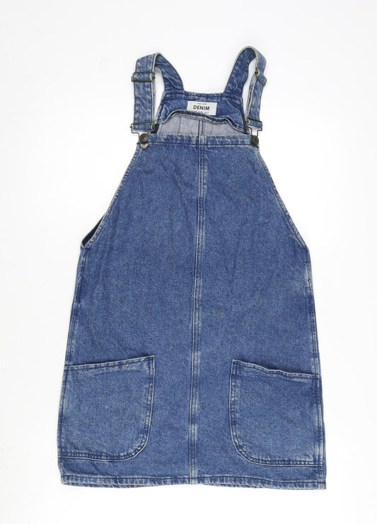 New Look Womens Blue Cotton Pinafore/Dungaree Dress Size 6 Square Neck Snap - Ajustable Straps