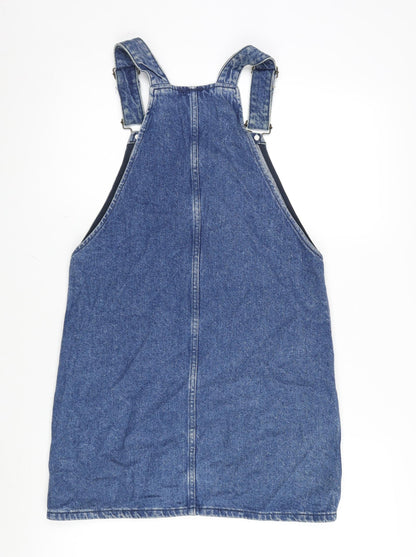 New Look Womens Blue Cotton Pinafore/Dungaree Dress Size 6 Square Neck Snap - Ajustable Straps
