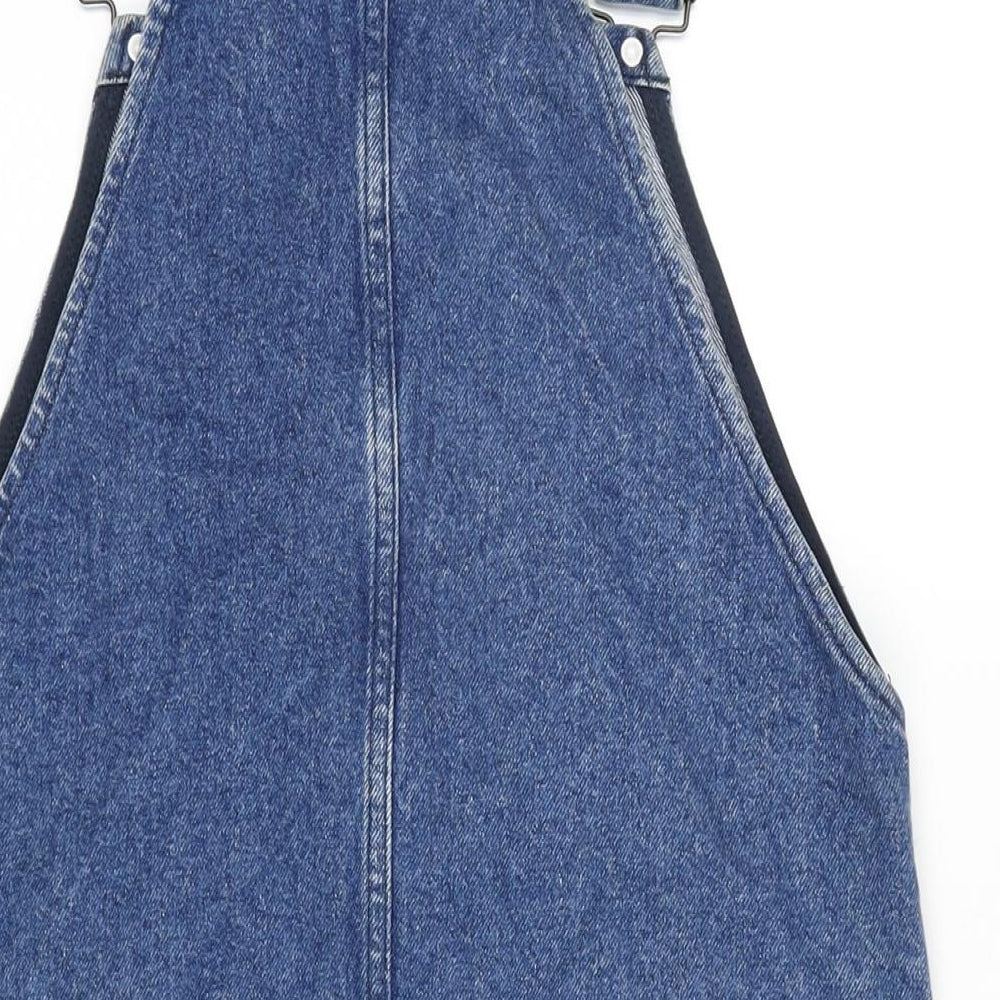 New Look Womens Blue Cotton Pinafore/Dungaree Dress Size 6 Square Neck Snap - Ajustable Straps