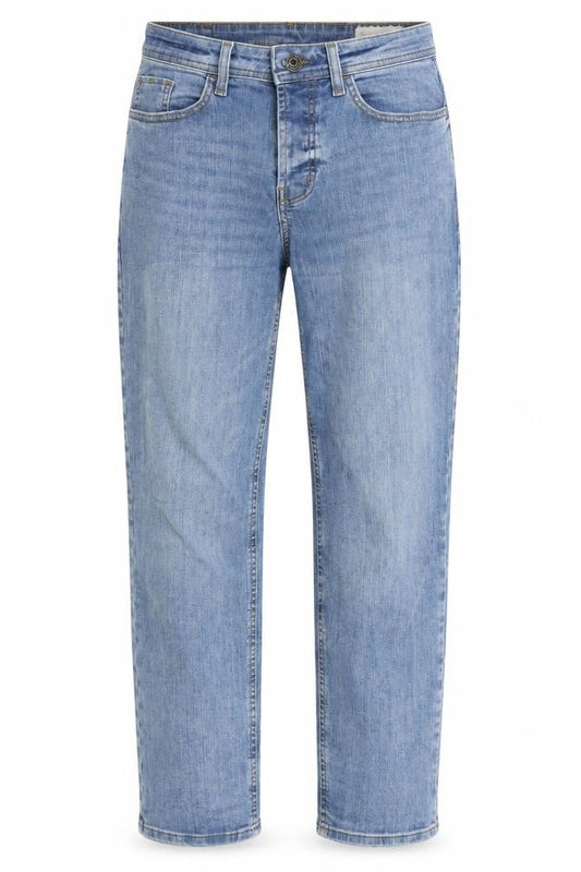 Front view of Denim & Co. women’s blue cotton blend straight jeans, size UK 30, in, 30-inch leg regular button