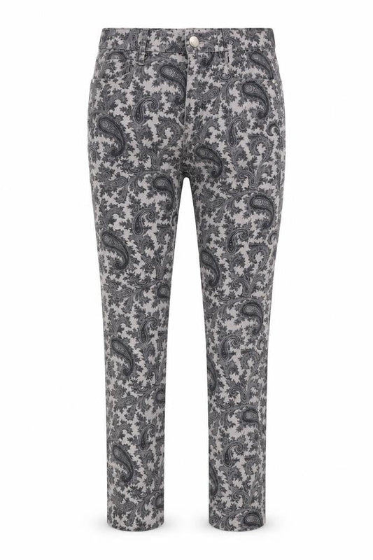 Front view of FC Jeans women’s grey paisley cotton blend straight jeans, size UK 10, 27-inch leg extra-slim zip