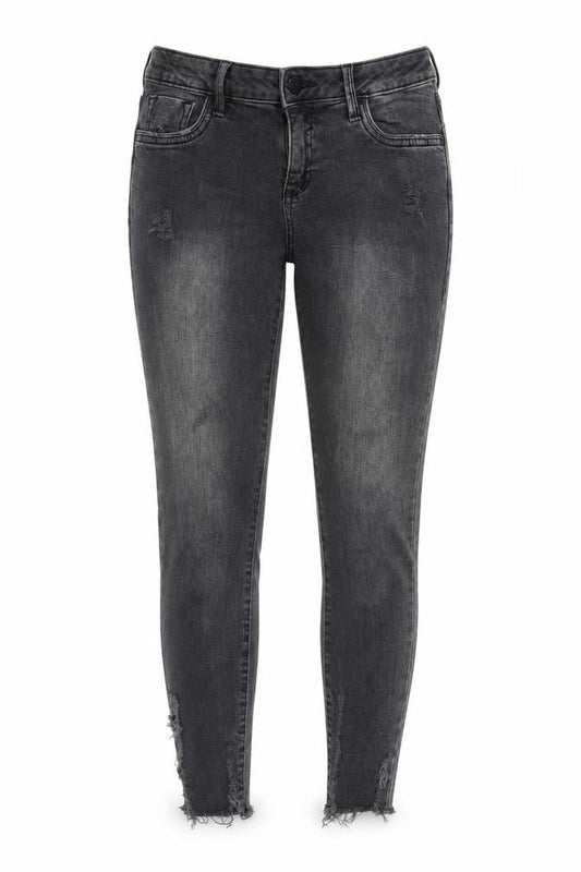 Front view of Denim & Co. women’s grey cotton blend tapered jeans, size UK 8, 26-inch leg regular zip