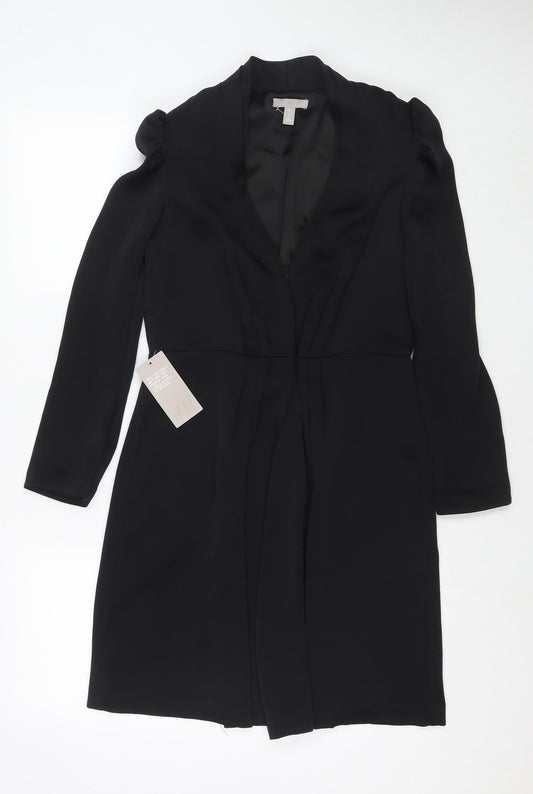 H&M Womens Black Polyester Jacket Dress Size 10 V-Neck Hook & Eye