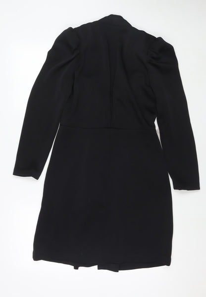 H&M Womens Black Polyester Jacket Dress Size 10 V-Neck Hook & Eye