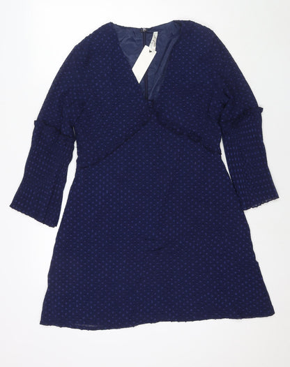 Stella Womens Blue Polka Dot Polyester Fit & Flare Size 12 V-Neck Zip