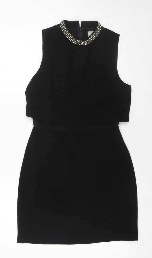 ASOS Womens Black Polyester A-Line Size 10 Round Neck Zip - Jeweled Detail