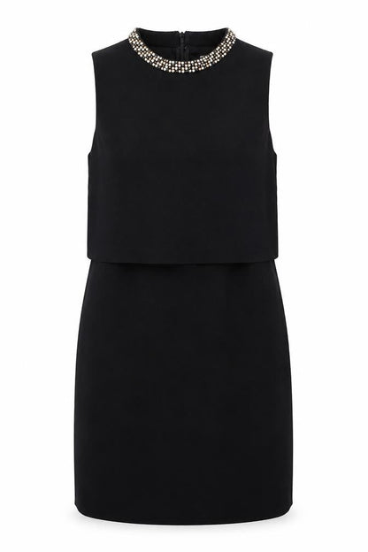 Front view of ASOS women’s black polyester a-line, size UK 10, round neck zip - jeweled detail