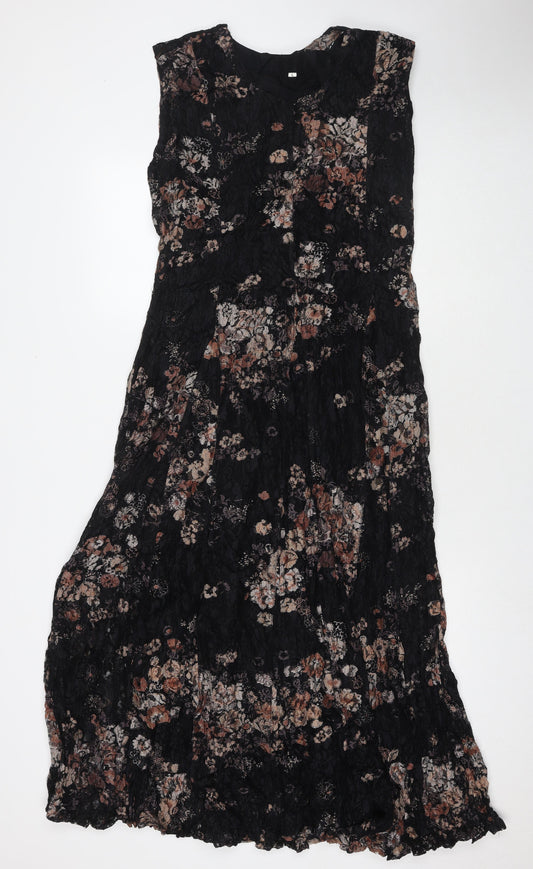 Classic Womens Black Floral Polyester Maxi Size L V-Neck Pullover