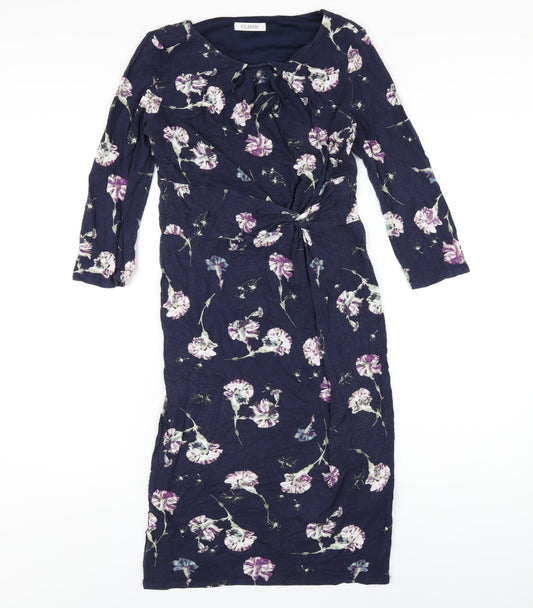 Classic Womens Blue Floral Viscose Bodycon Size 10 Round Neck Pullover