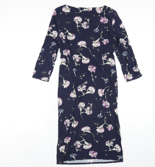 Classic Womens Blue Floral Viscose Bodycon Size 10 Round Neck Pullover