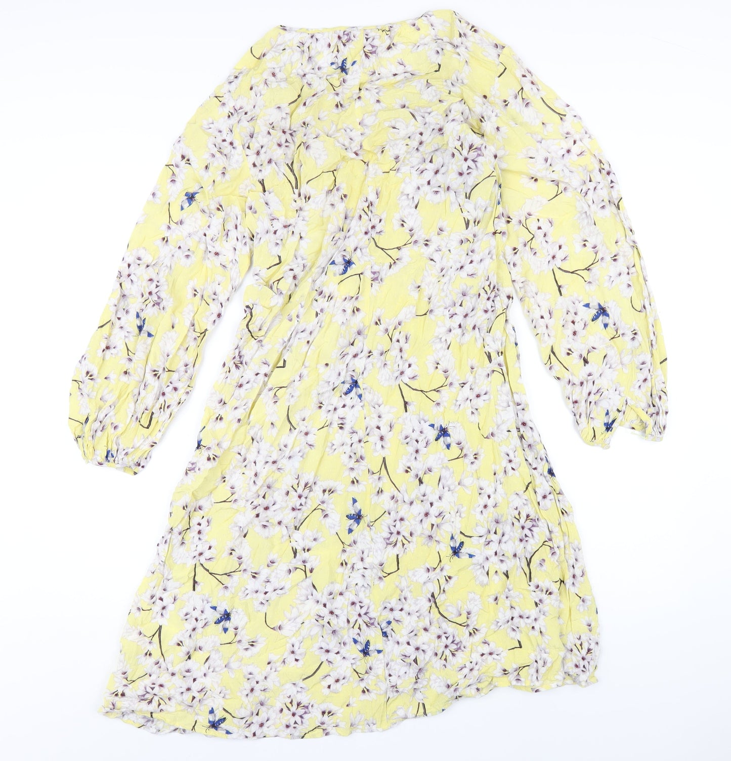 H&M Womens Yellow Floral Viscose A-Line Size 8 Round Neck Pullover