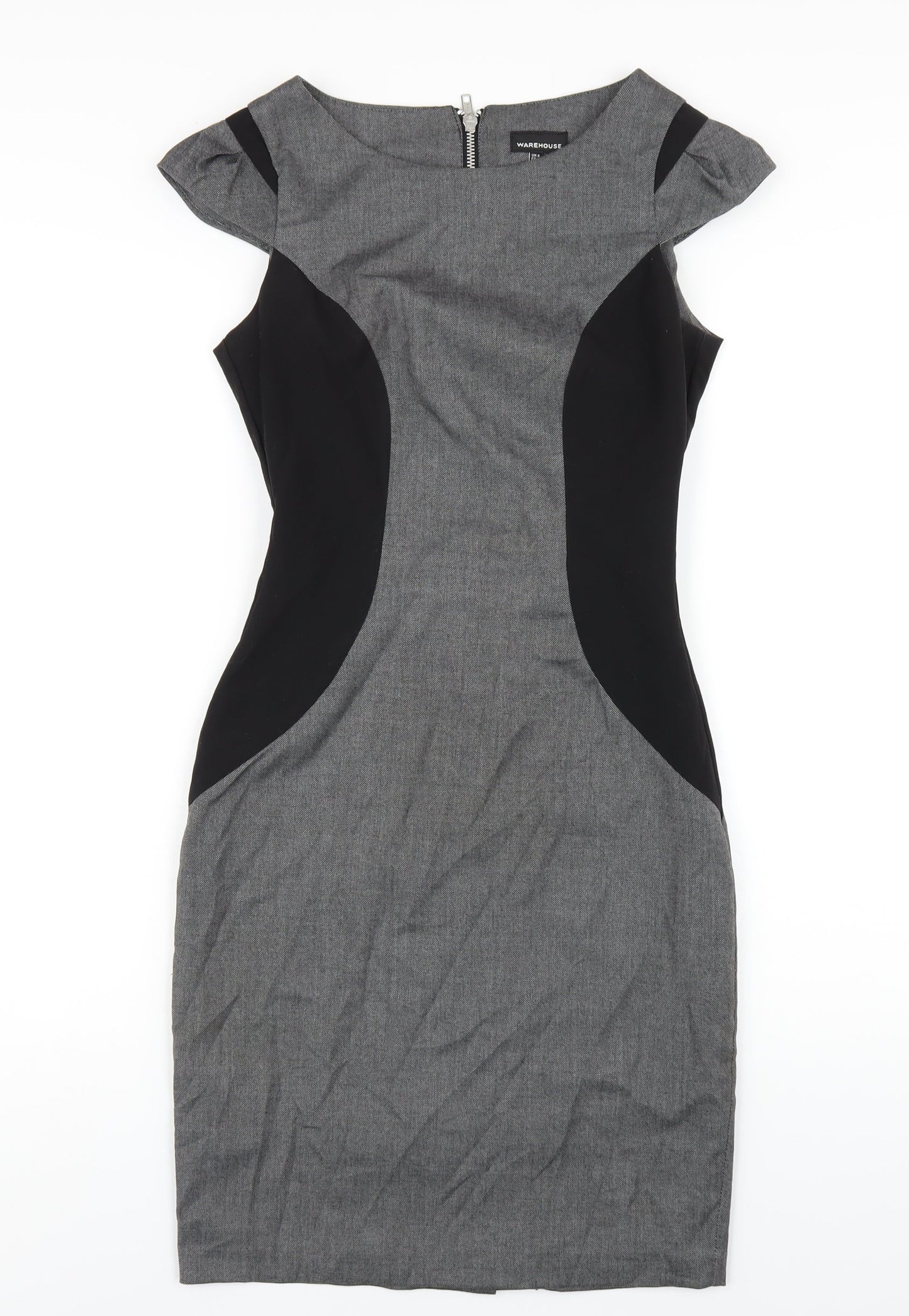 Warehouse Womens Grey Polyester Pencil Dress Size 8 Round Neck Zip