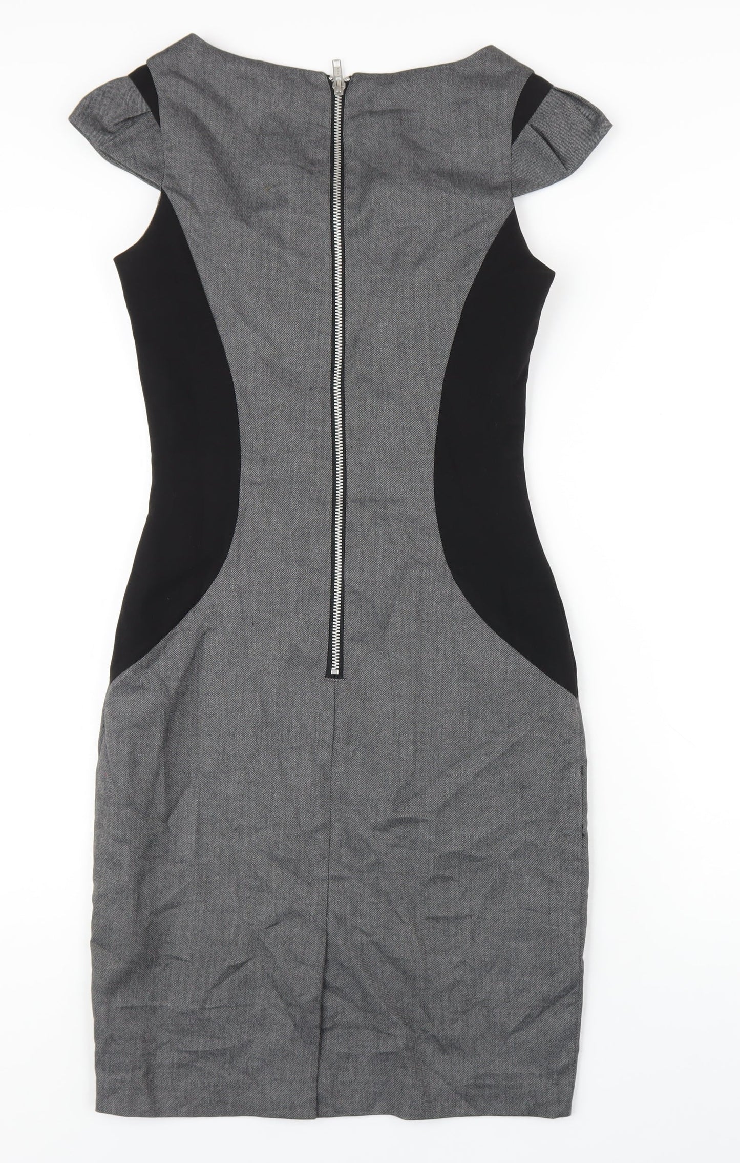 Warehouse Womens Grey Polyester Pencil Dress Size 8 Round Neck Zip